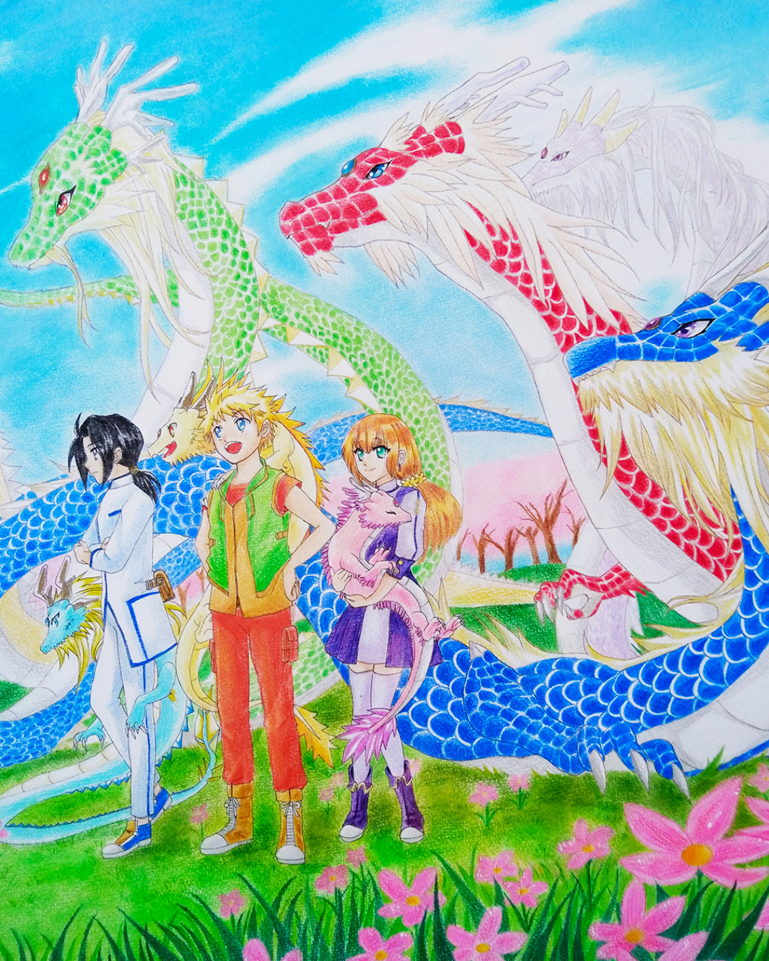 龍と人間の相棒たちが、花咲く草原に集うイラスト