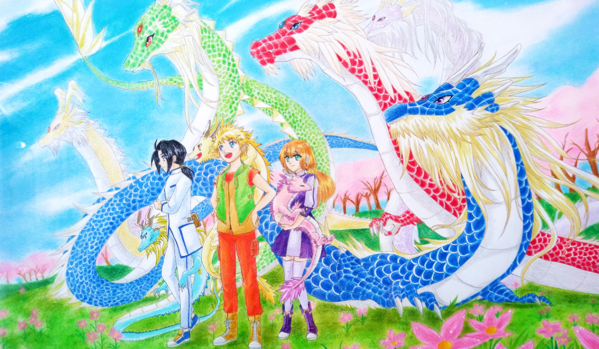 龍と相棒が一緒にいる明るい集合絵